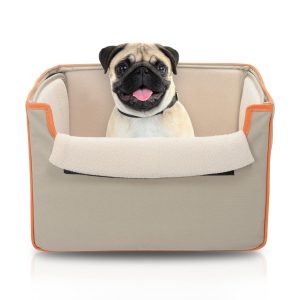 Precious Tails Collapsible Pet Booster Car Seat Box with Plush Fleece Cover, Cushion Insert and Foam Padded Panel - Foldable Carseat for Small Pet Dogs and Puppies Under 20 lbs, Khaki