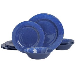 Gibson Home Mauna Melamine Dinnerware Set, Service for 4 (12pcs), Cobalt Rustic